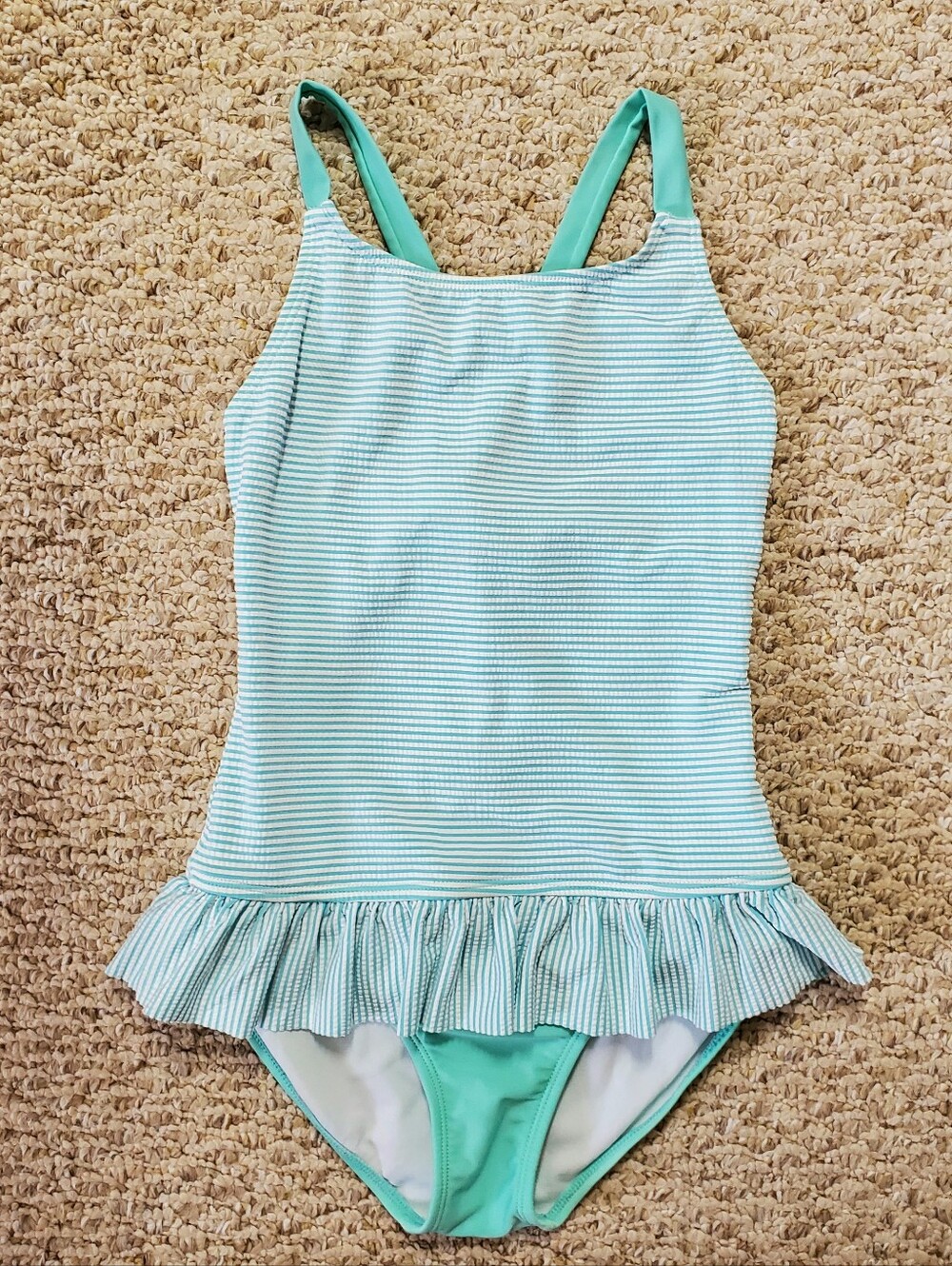 Cat And Jack Girls' Mint Green Stripe Seersucker Ruffle One-Piece Swimsuit LG